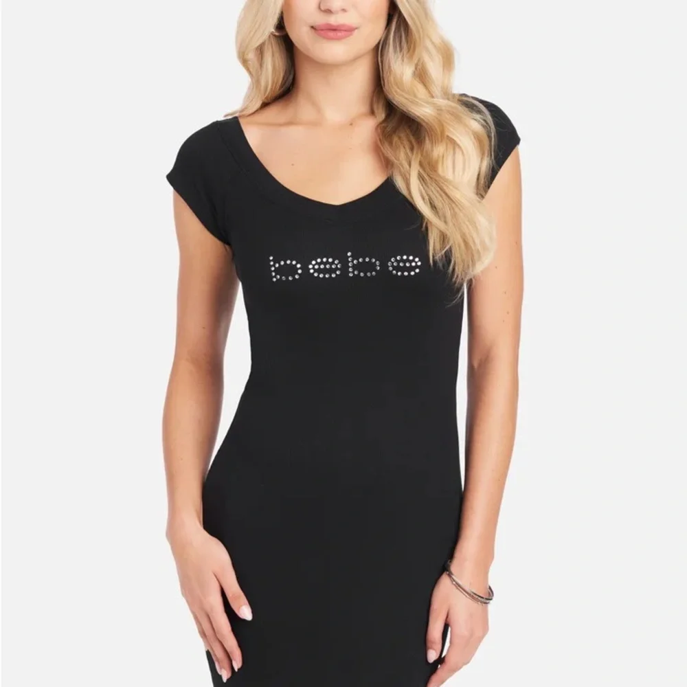 Bebe Black Mini Dress with Rhinestone Logo NWOT - Picture 6 of 6